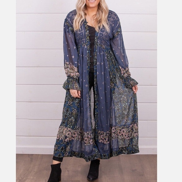 Free People Dresses & Skirts - Free People Samira Maxi Blue Floral Sheer Top Dress S